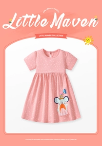 Detail of pink polka dot cotton dress with sequined mouse embroidery and mesh applique