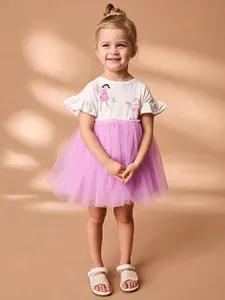 Girls Sweet Princess Dress Cotton Short Sleeve Ruffle Cartoon Printed Tulle Patchwork Mesh Party Tutu Dress For Kids