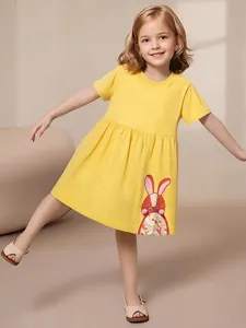Petites Filles Coton Manches Courtes Robe de Princesse Pois Lapin Appliqué Robe Décontractée d'Été pour Enfants 2-7 Ans