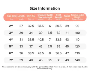 Detailed size chart for girls' summer cartoon tulle sets covering ages 2Y to 7Y with measurements