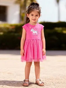 Robe de Princesse en Tulle Rose avec Broderie Licorne pour Filles Manches Courtes en Coton et Mesh Robe de Fête à Étages