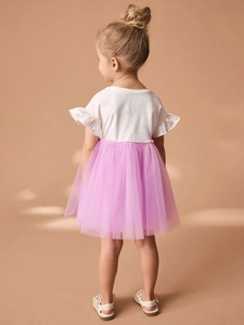 Short sleeve girls dress with white ruffle top and lavender tiered mesh tutu skirt