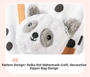Detail of panda plush pocket with zipper and black polka dot pattern on girls' summer outfit