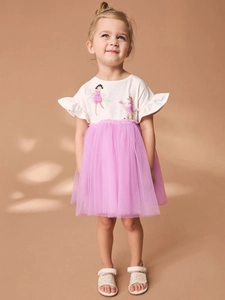 Summer girls princess dress with cartoon print short sleeves and purple mesh tutu skirt