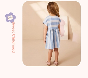 Back view of girls' striped cotton dress with pleated skirt and high waist design