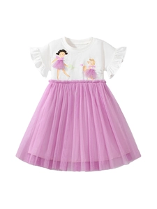 Girls white short sleeve princess dress with purple tiered mesh skirt and cute cartoon girls