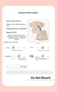 Detail showing girls unicorn cotton T-shirt and striped shorts set with fabric specifications