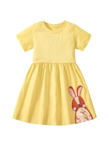Robe jaune en coton pour filles avec pois blancs et appliqué de lapin mignon