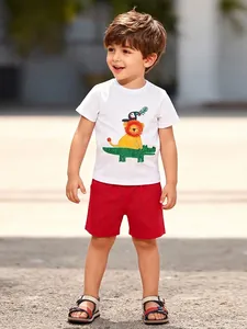 Set T-Shirt E Pantaloncini da Ragazzo in Cotone Estivo con Ricamo di Animali dei Cartoni Animati Completo Casual Comodo