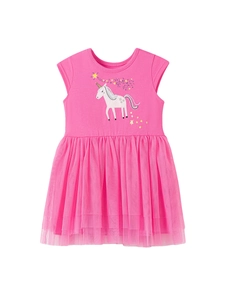 Robe tutu rose pour fille avec manches courtes et un mignon imprimé licorne et étoiles