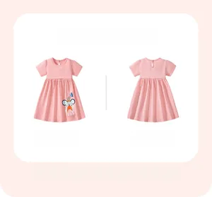 Detailed front and back view of pink cotton polka dot dress with mouse embroidery