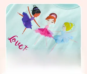 Detail of mint green girl's top with Love to Dance ballet graphics and ribbed neckline