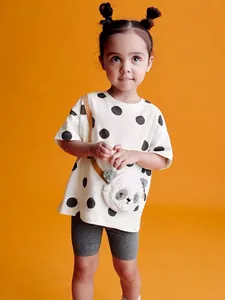 Girls Summer Cotton Clothing Clothing Set Panda Applique Polka Dot Short Sleeve Top And Shorts Outfit