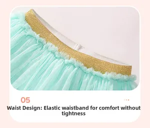 Detail of mint green tulle tutu skirt with a glittering gold elastic waistband for girls