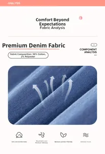Dettaglio del tessuto denim che mostra la texture 98% cotone e composizione materiale