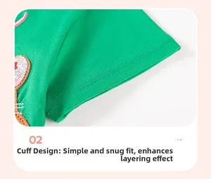 Detailed macro view of girls bright green cotton dress sleeve with floral applique embroidery