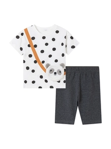 Cute girls summer set with white polka dot panda t-shirt and dark grey cotton shorts