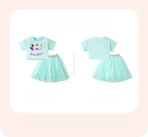 Front and back view of a mint green girls' tutu outfit with ballet dancer print