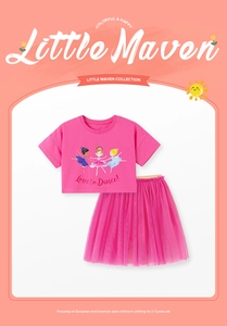 Detail of pink cotton t-shirt with ballet girl print and matching tulle tutu skirt set