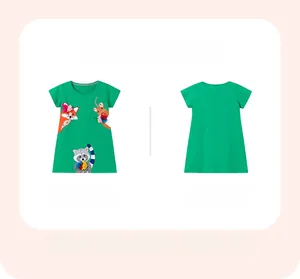 Detailed front and back view of green cotton girl dress with cartoon animal embroidery