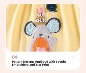 Detail of girls' cotton dress featuring star prints and embroidered mouse with sequins