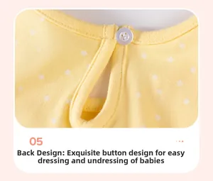 Close-up of yellow cotton baby dress neckline with white stars and back button closure