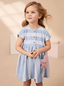 Little Maven Girls Striped Cotton Dress Summer Short Sleeve Blue White Stripe Pink Flower Applique Sweet Kids Casual Dress
