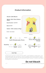 Detail specifications of yellow cotton short sleeve dress with cartoon animal embroidery
