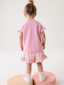 Pink cotton summer set for girls featuring ruffle sleeve tee and striped shorts