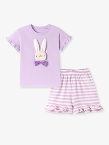 Cute girls summer set with purple rabbit patch t-shirt and striped shorts with ruffle details