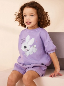 Ropa de Verano de Algodón para Niñas Conjunto Estampado de Conejo Camiseta de Manga Corta y Pantalón Corto Morado