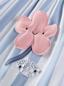 Cute striped cotton girls summer dress featuring a large pink flower applique and smile