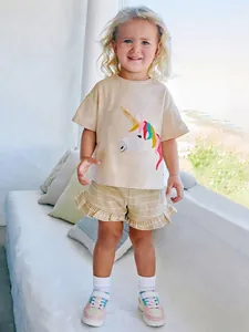 Girls Summer Cotton Cartoon Unicorn Short Sleeve T-Shirt And Striped Ruffle Shorts Two-Piece Casual Outfit Set For Kids