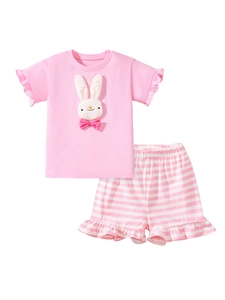 Cute pink cotton toddler girl set with bunny embroidery and striped ruffled shorts