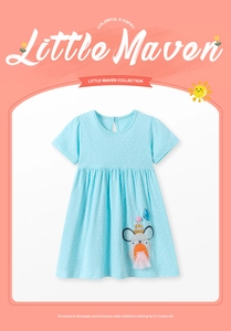 Detail of light blue polka dot cotton dress with 3D mouse applique and pink sequins
