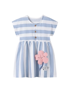 Short-sleeve blue and white striped cotton girl's dress with pink flower embroidery