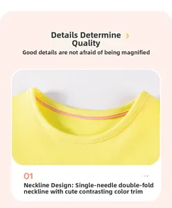Detail of girls' yellow dress neckline with pink contrast piping and durable stitching