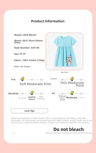 Size chart and details for blue polka dot 100% cotton dress with mouse embroidery