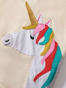 Beige cotton kids t-shirt with detailed unicorn appliqué embroidery and colorful mane