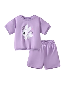 Conjunto de verano de algodón para niña con camiseta de conejo morado y pantalones