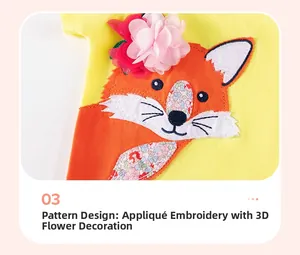 Detail of yellow kids dress featuring fox applique embroidery and 3D floral accents