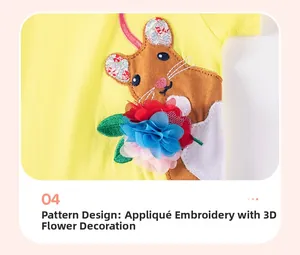 Detail of cartoon mouse applique and 3D mesh flower on yellow girls cotton dress