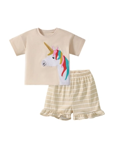 Girls summer set with unicorn embroidery cotton t-shirt and striped ruffled shorts