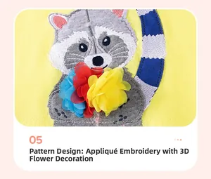 Detailed close-up of cartoon raccoon patch embroidery with 3D mesh flowers on yellow dress