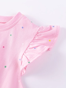 Pink cotton short sleeve dress with colorful polka dots and ruffle shoulder details