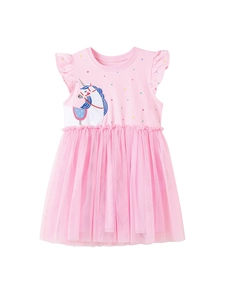 Pink short sleeve cotton dress for girls with unicorn applique and mesh tutu skirt
