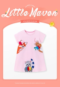 Detail of pink cotton girl dress featuring animal embroidery and 3D floral accents