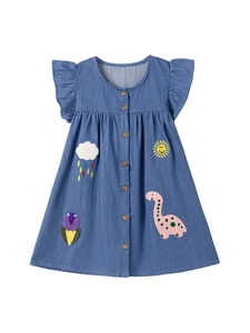 Abito in denim per bambine con maniche a volant e ricami di dinosauri e nuvole vivaci