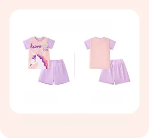 Conjunto de pijama de algodón rosa y morado para niñas con estampado de unicornio