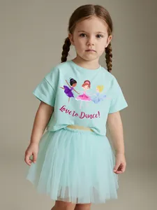 Girls Summer Two Piece Set Cotton Cartoon Ballet Dancer T-Shirt And Mesh Tutu Skirt Cute Outfits For Toddler Kids